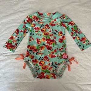 Ruffle Butts Floral Long Sleeve Swimsuit - Green and Red